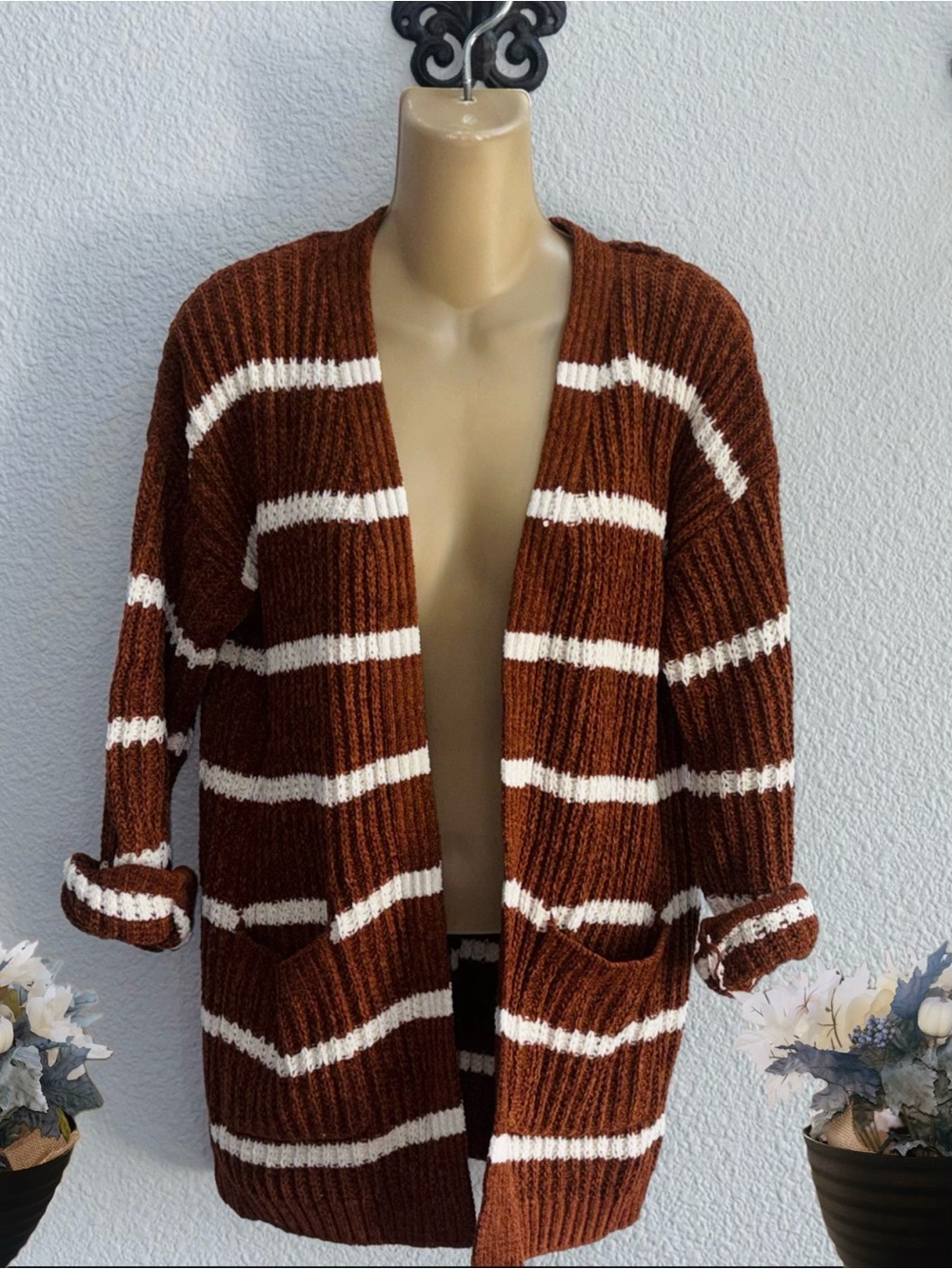 WILD SKYE Cozy RUSTIC BRN/WHT Striped Open-Front WMNS Chenille Cardigan |MED